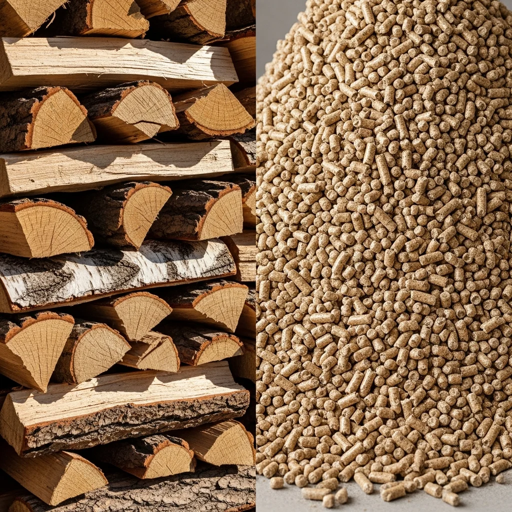 Bois bûches vs granulés, comparatif visuel