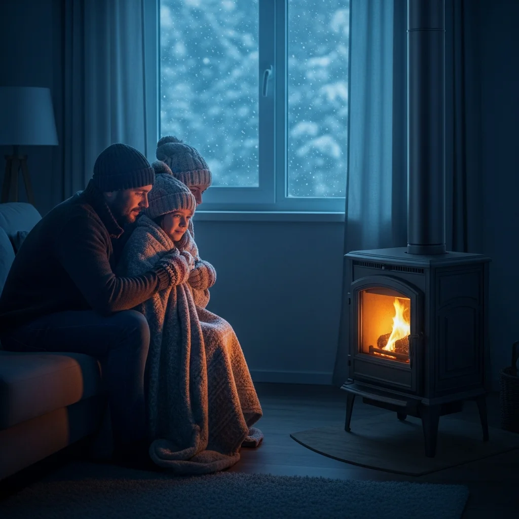 Poêle éteint, famille frigorifiée