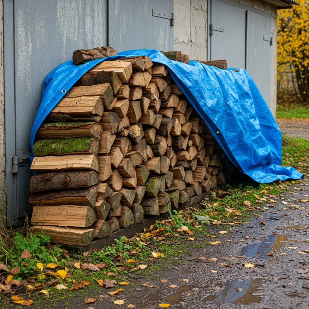 Bois humide et moisi sous une bâche contre un garage