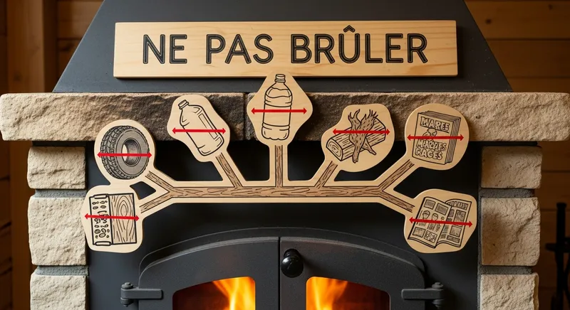 Chemin&eacute;e avec panneau 'Ne pas br&ucirc;ler'