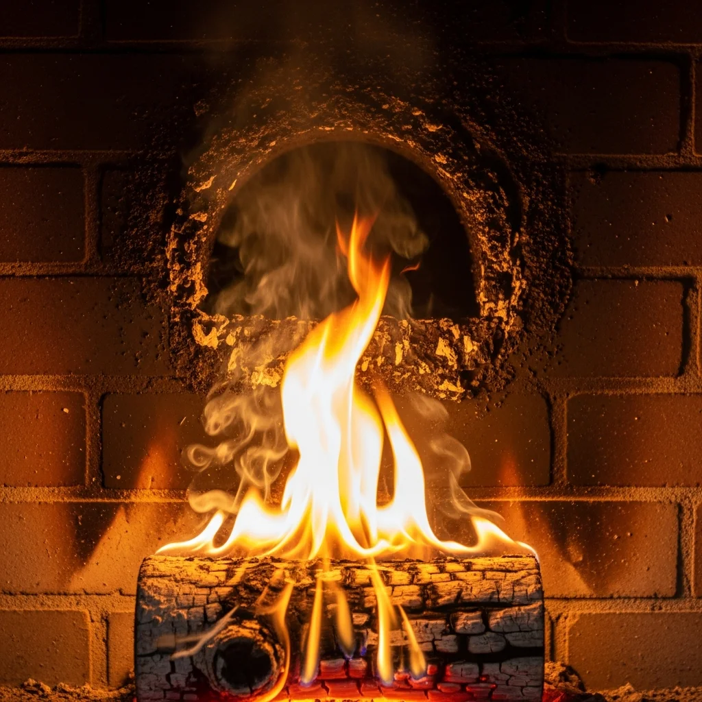 Bûche de ramonage en combustion dans cheminée