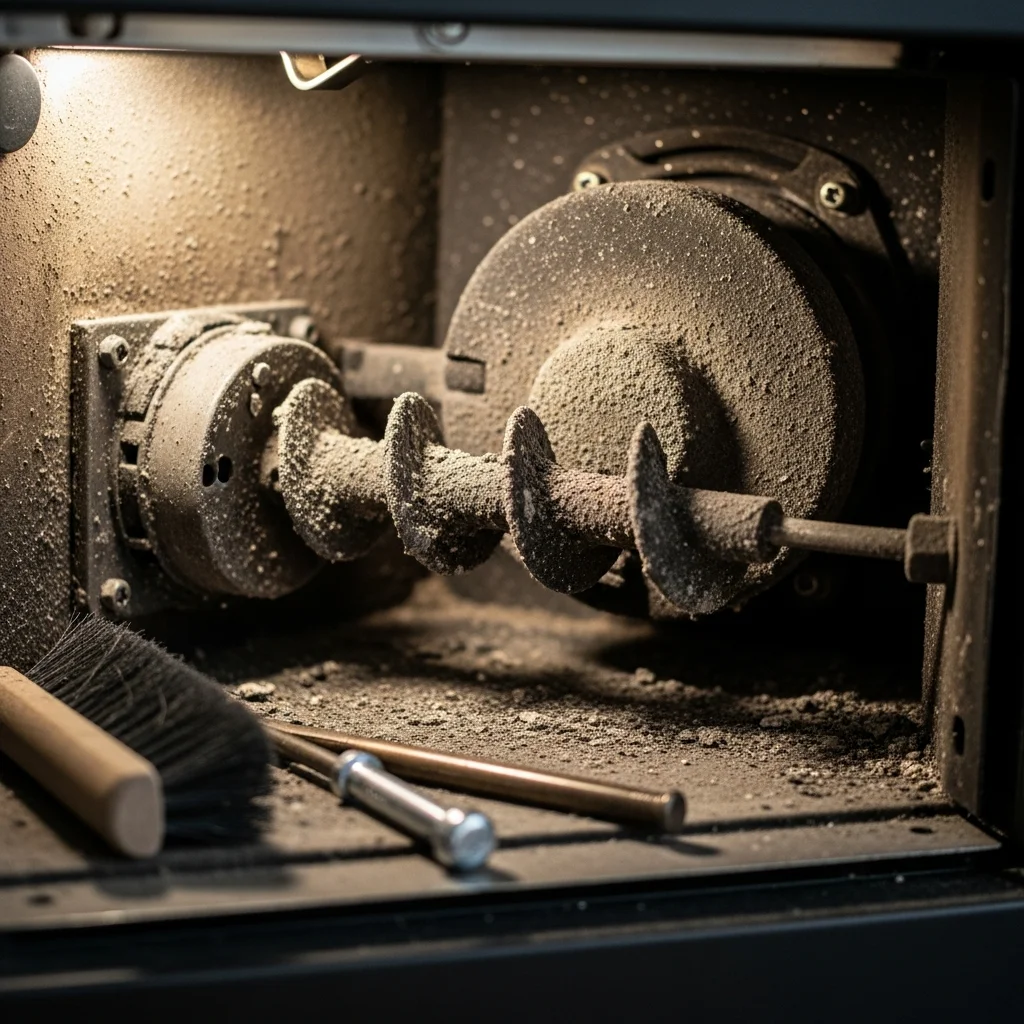 Poêle granulés démonté, brûleur sale