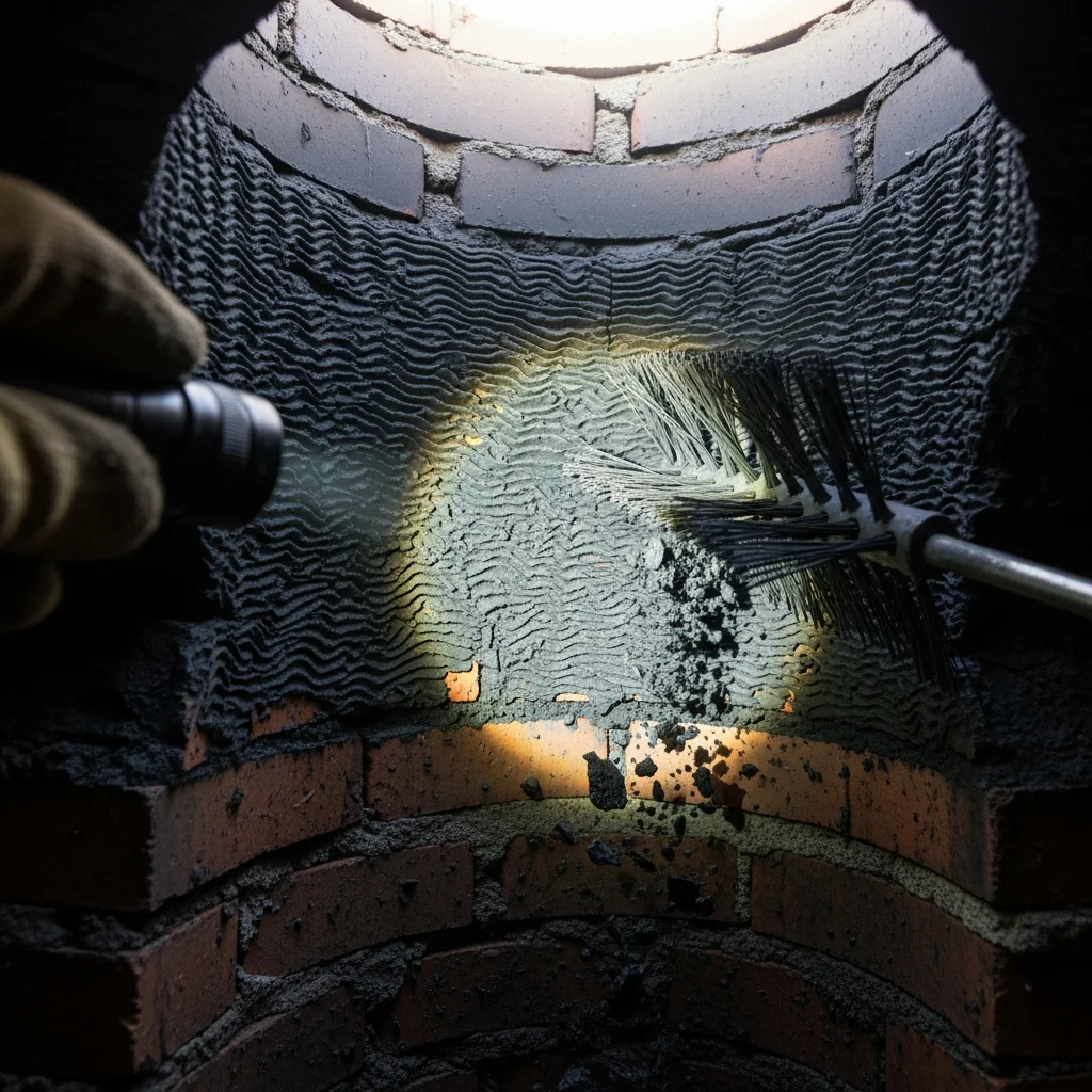 Cheminée coupée, suie et outil de ramonage visibles