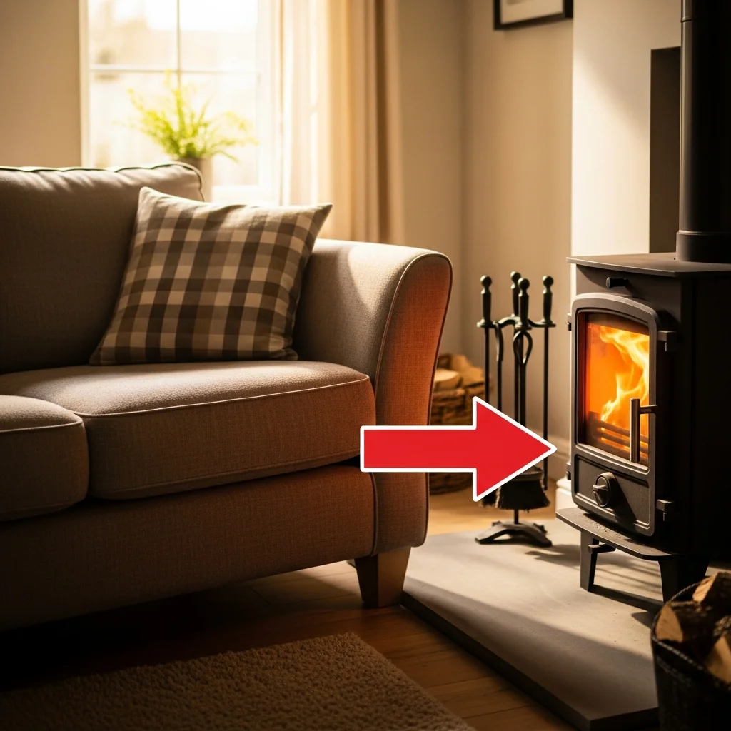 Poêle trop près du canapé, distance de sécurité non respectée